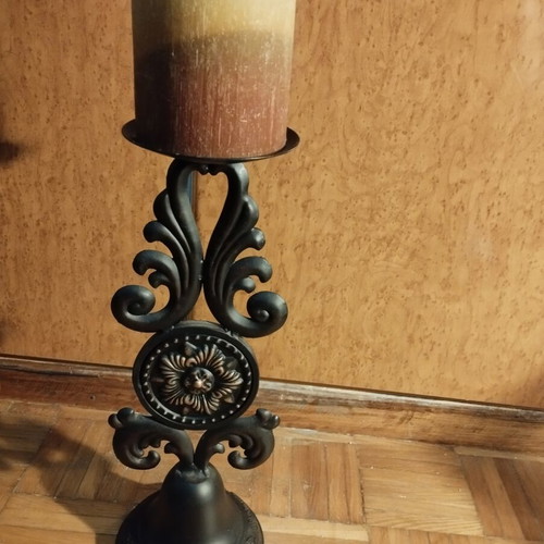 Vintage Cast Iron Candle Holder 40 cm with Large Candle