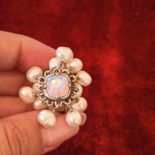 Dyrberg/Kern statement ring used with pearls and iridescent stone