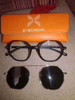 Eyecroxx polygonal eyeglasses with magnetic sunglasses lenses, brown and gold
