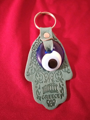 Leather keychain with Fatima's hand eye and Acropolis souvenir new