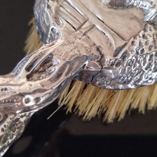 English silver hairbrush with 17th century tavern scene, like new