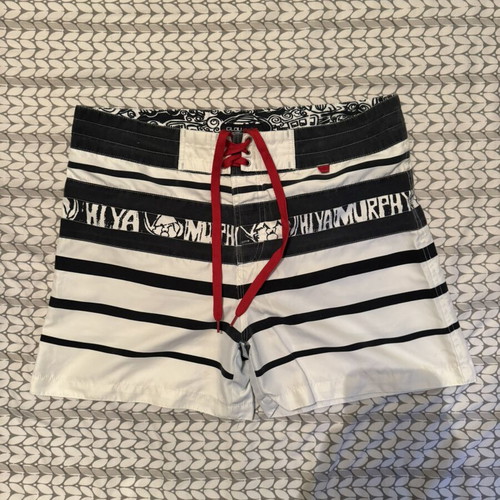 Men's surf style swim shorts striped white black with red cord size L used