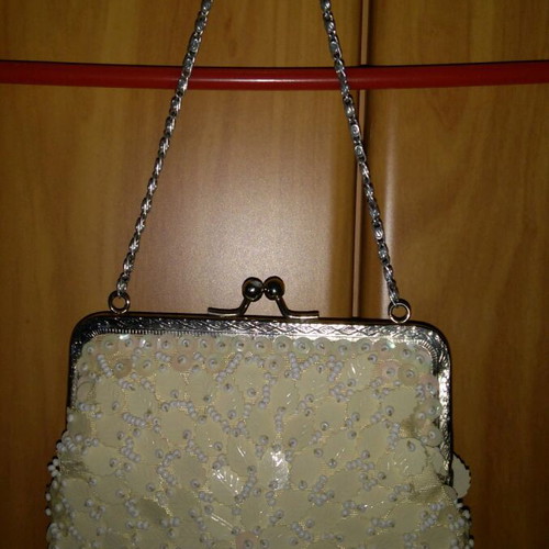 Handmade vintage bag used with chain, embroidered leaves and beads