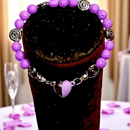 Handmade bracelet with purple lava semi-precious stone and magnetic heart clasp new