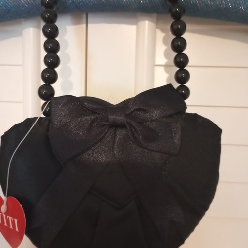 Evening handbag black satin heart-shaped with bead handles