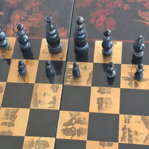 Vintage handmade chess and backgammon set 1960s mahogany and olive used