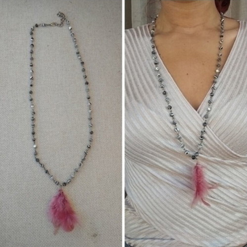 Long necklace with feather and semi-precious stones made to order