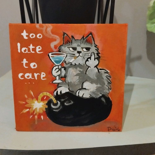 Canvas painting "Too late to care" new, acrylic 13×13 cm