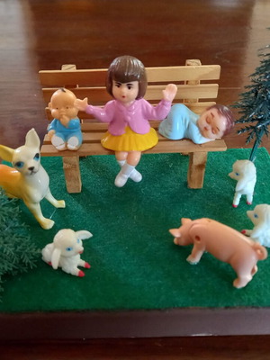 Vintage diorama with children and animals used, 1970s