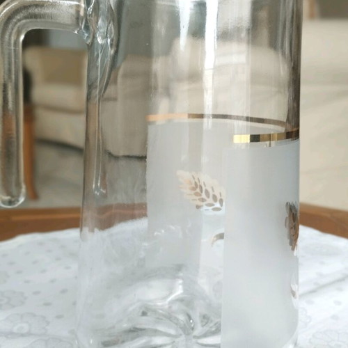 Vintage Italian Glass Pitcher with Gold Wheat Design like new