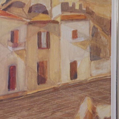 Painting by Y. G. Androulakis used, landscape with castle and settlement