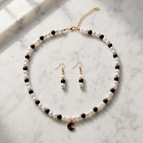Handmade black-white beaded necklace and earings set.