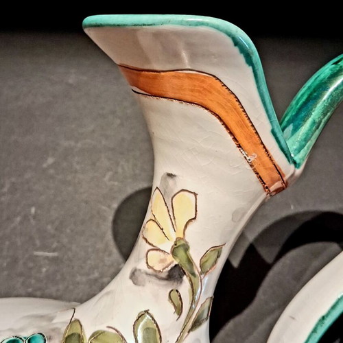 Vintage Italian Pottery Pitcher hand painted with floral relief