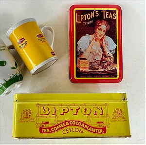 Μεταλλικό κουτί Lipton και μία κίτρινη κούπα Lipton, συλλεκτικά πωλούνται μαζί