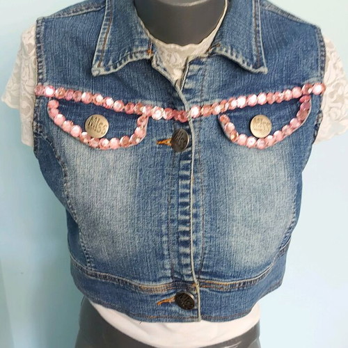 Miss Latina denim vest with pink stones like new, sizes L to XXL