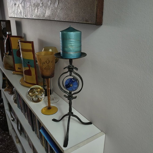 Handmade metal candlestick with blue glass detail, like new