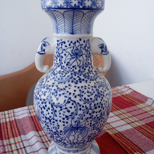 Vintage porcelain vase used, traditional Asian style blue and white Ming Qing design