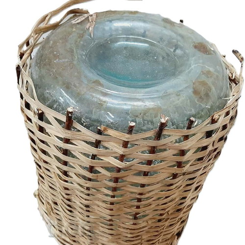 Large vintage glass demijohn with wicker cover, 30 liters, used
