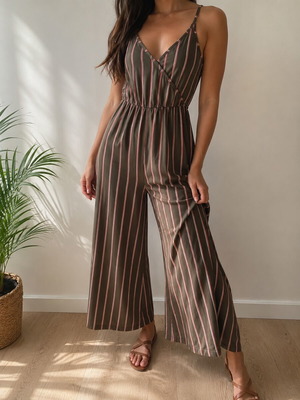 Pink Woman striped jumpsuit like new, size small, khaki and red