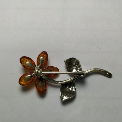 Flower brooch silver 925 with real amber new