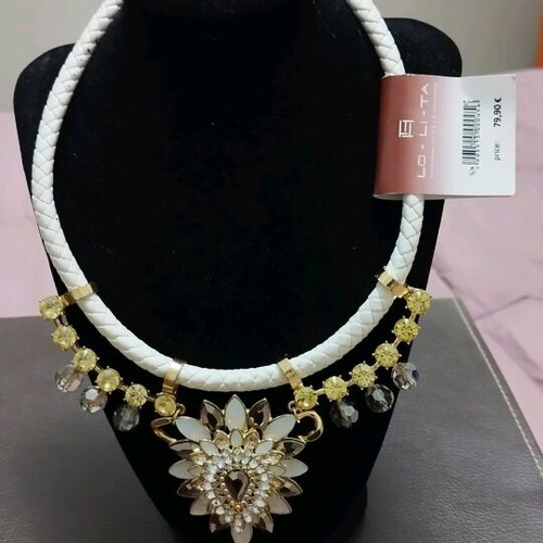 Necklace new with white braid and gold flower details