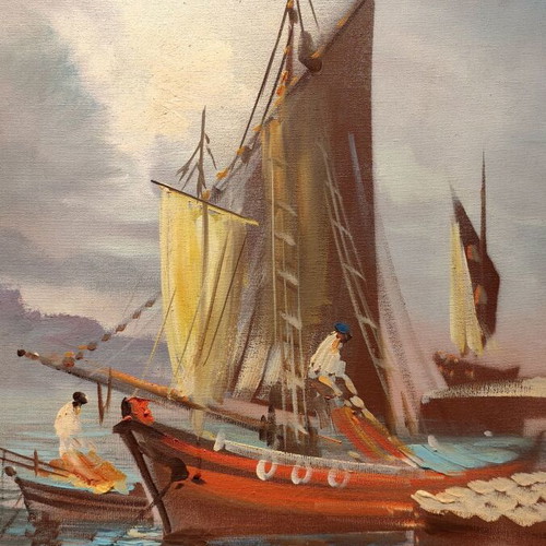 Oil painting used on canvas with seascape and fishing boats