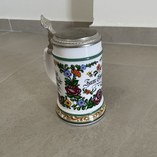 Vintage German Ceramic Beer Stein with Metal Lid used
