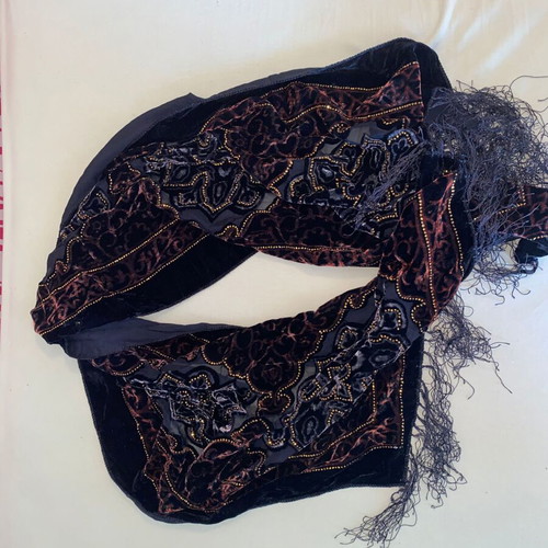 Vintage silk scarf with velvet and beads, like new, 150x50 cm