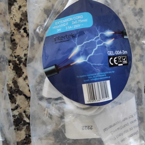 Extension cords with bipolar plug, new, 3m and 5m white cables