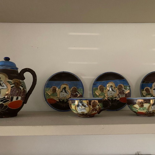 Japanese vintage tea set used with geisha motif 1950s porcelain