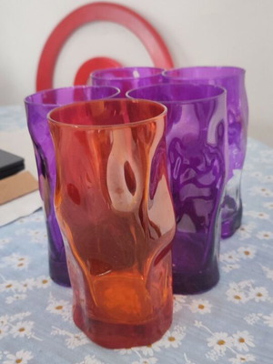 Glass set used, 5 colorful glasses purple and orange