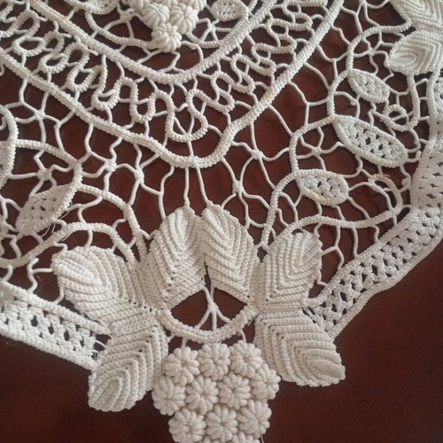 Antique handmade crochet table linen with grape cluster design used