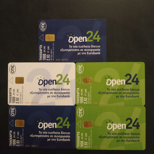 Eurobank Open24 phone card set, 5 pieces, 06/2001