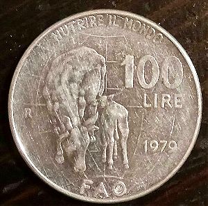 100 lire - 1979 Italian - Italy  coin lire republica Italiana cows  on  reverse  side