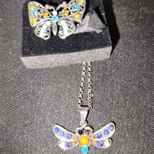 Pendant and ring used with stones and dragonfly and butterfly designs