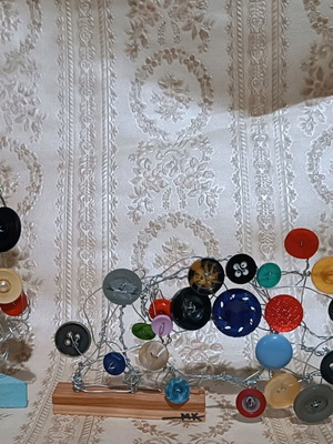 Modern Arte Povera sculptures made to order with wood, wire and vintage buttons