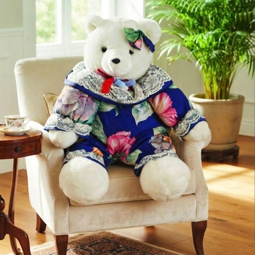 Plush white teddy bear new with blue floral outfit and lace details
