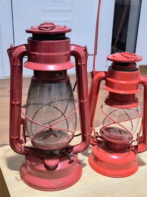 Refurbished kerosene lamps, traditional storm lanterns, set of 2