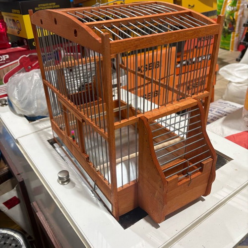 Wooden birdcage house with external feeders new