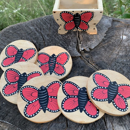 Wooden coasters with holder, handmade, like new, butterfly design, set of six