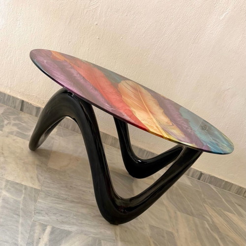 Modern glass coffee table with feather design 90x90 cm
