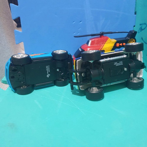 Toy vehicles used with sounds and lights, 2 cars and 1 helicopter