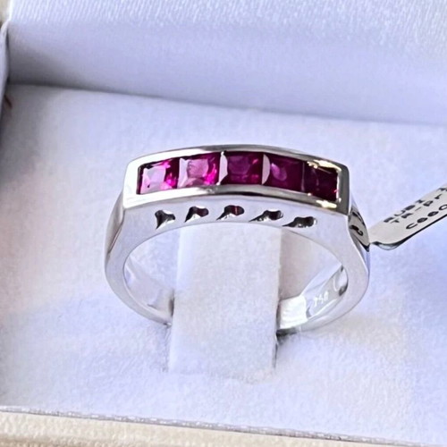 18K White Gold Half Band Ring with Princess Cut Rubies like new