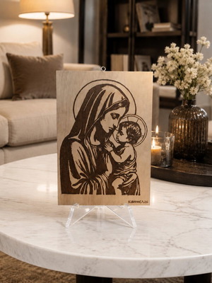 Handmade Pyrography of Theotokos with Jesus on Sea Wood A4