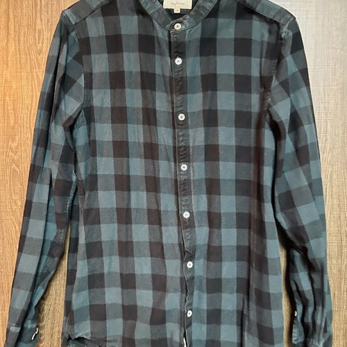 River Island men's checked shirt medium used, black green Mao collarless