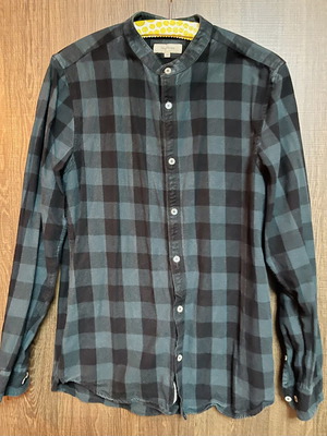 River Island men's checked shirt medium used, black green Mao collarless