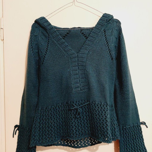 Long-sleeve knit sweater petrol with hood small - medium like new