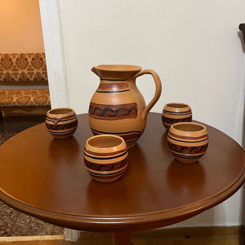 Clay wine set used with jug and 5 glasses