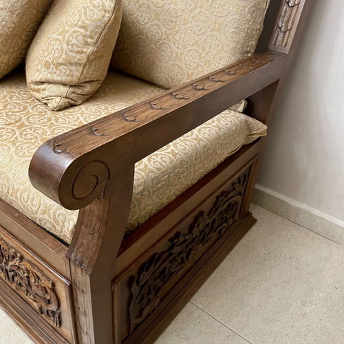 Solid Walnut Sofa Hand-Carved Like New with Storage Space