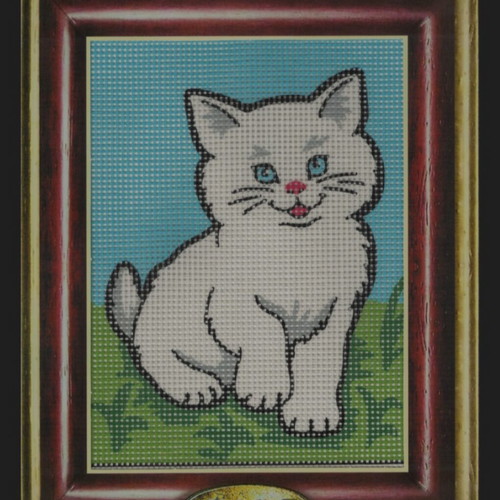 White Cat Embroidery Kit on Cotton Canvas